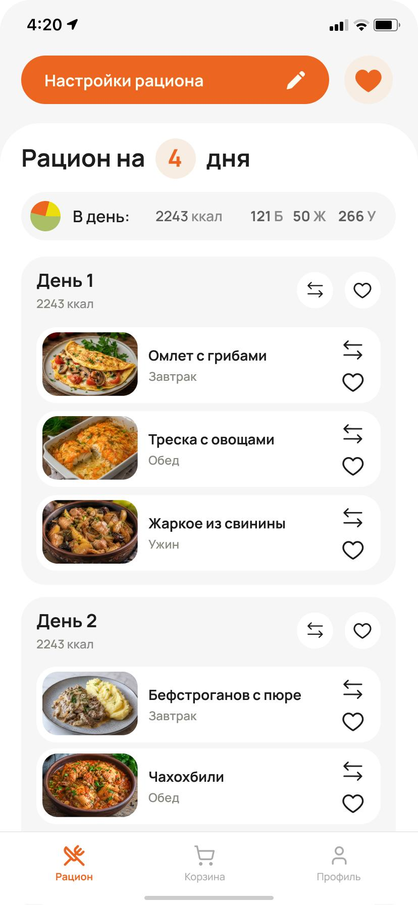 Экран приложения: рацион на 4 дня